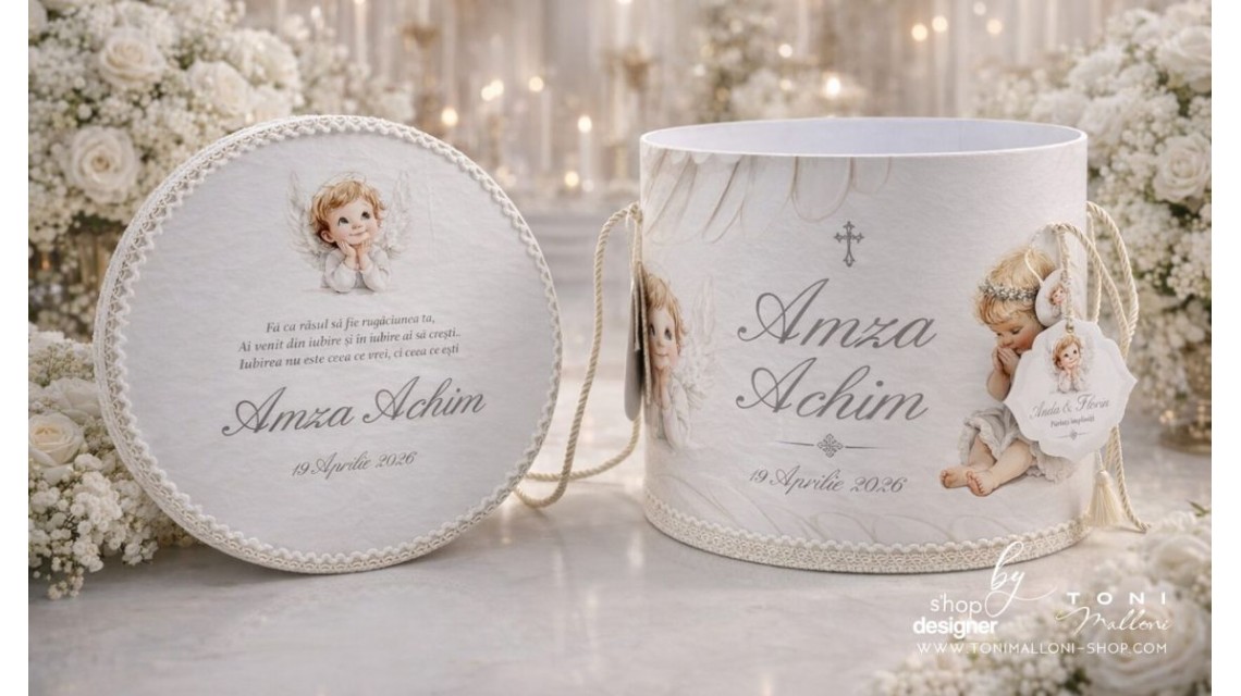 Trusou botez băiat Înger Alb elegant cu îngerași și aripi brodate 18